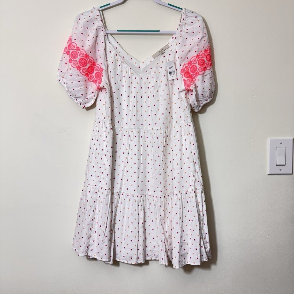 LOFT Puff Sleeve Dot Embroidered Tiered Swing Dress Size M Lined Boho Preppy New